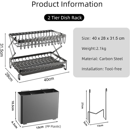 CARLA HOME 2-Tier Dish Drying Rack with Drainage Tray, Utensil Holder, Cup Hooks & Cutting Board Rack for Kitchen (Black)