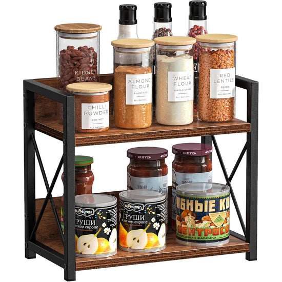 CARLA HOME 2-Tier Countertop Shelf Organizer Rustic Wood Kitchen Spice Rack for Storage, Condiments & Cabinet Organization