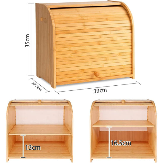 CARLA HOME Large Bamboo Bread Box Storage Organizer with Roll Top for Kitchen Counter