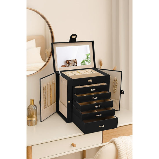 CARLA HOME 6-Layer Large Jewelry Box for Women withDrawers, Mirror, Lock, Necklace Hooks & Side Compartments for Rings, Earrings, Bracelets, Gifts (Black)