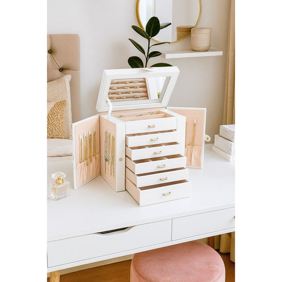 CARLA HOME 6-Layer Large Jewelry Box for Women withDrawers, Mirror, Lock, Necklace Hooks & Side Compartments for Rings, Earrings, Bracelets, Gifts (White)