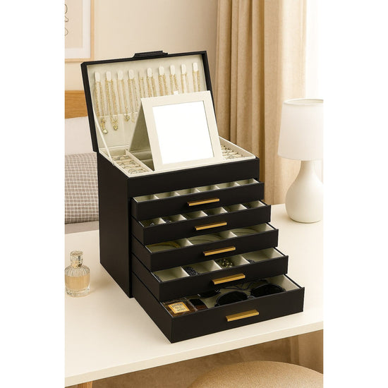 CARLA HOME 6-Layer Large Jewelry Organizer Box for Women with Mirror, Drawers, Hooks & Dividers for Rings, Necklaces, Bracelets, Ideal Gift for Women (Black)