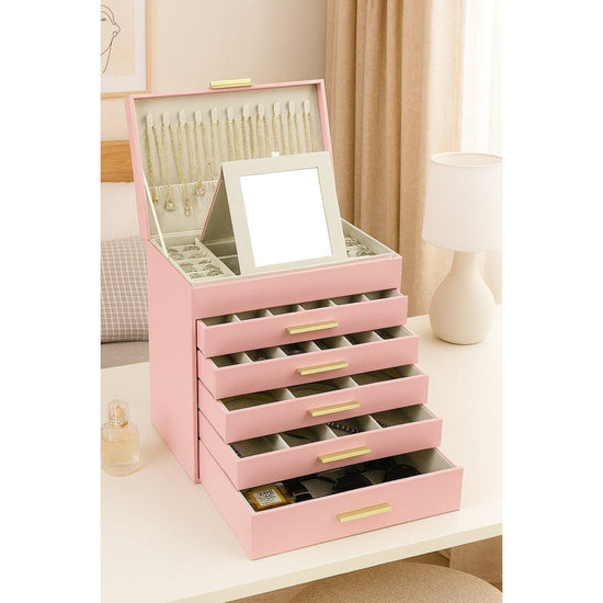 CARLA HOME 6-Layer Large Jewelry Organizer Box for Women with Mirror, Drawers, Hooks & Dividers for Rings, Necklaces, Bracelets, Ideal Gift for Women (Pink)