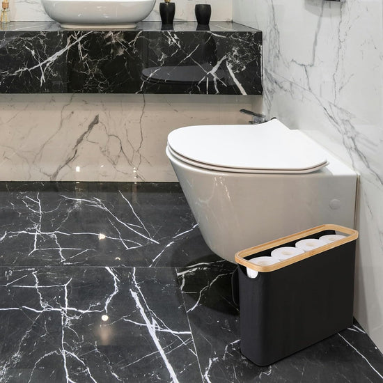 CARLA HOME 2 pack Toilet Paper Storage Basket Holds Up to 12 Rolls with Bamboo Lid and Handle for RV Closet (Black)