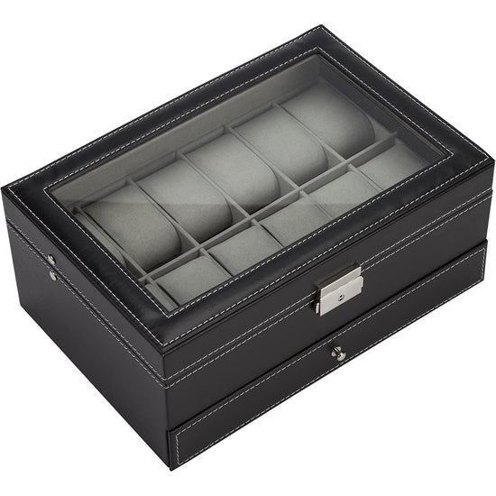 Black Leather Watch Box Jewelry Display Case with Drawers (12 Slots with 2 Layers)
