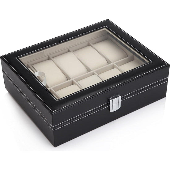 Black PU Leather Watch Organizer Display Storage Box Cases for Men & Women (10 slots)