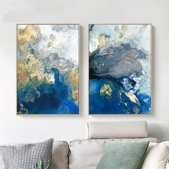 Wall Art 80cmx120cm Marbled Blue And Gold 2 Sets Gold Frame Canvas