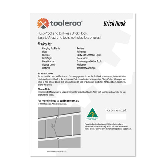 5 Pack 155-165mm (6-6.5") Brick Hooks - Wall Clips Hangers For Pictures Plants