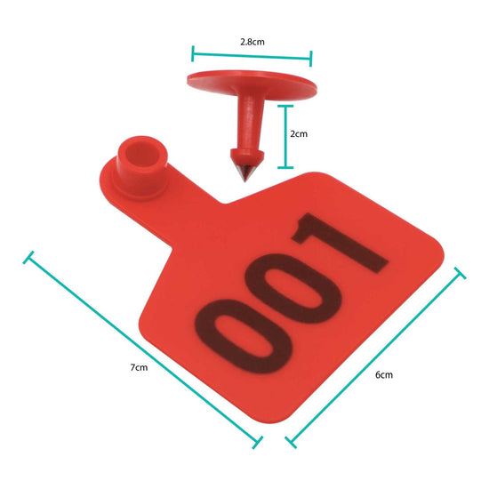 1-100 Cattle Number Ear Tag 6x7cm Set - Medium Red Sheep Livestock Label