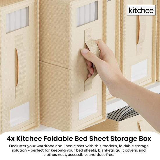 4x Kitchee Foldable Bed Sheet Storage Box – Linen & Closet Organiser Beige
