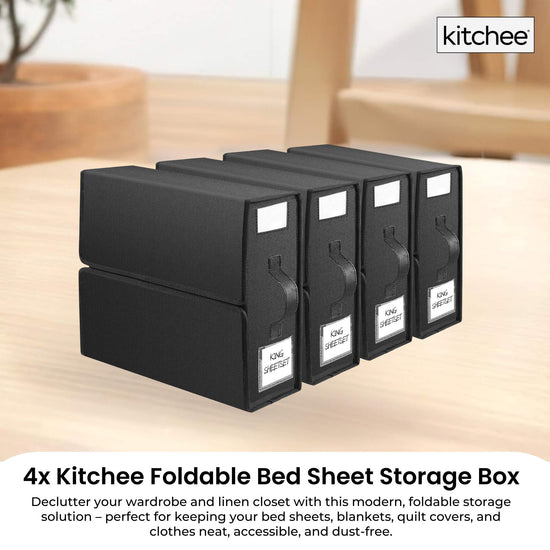 4x Kitchee Foldable Bed Sheet Storage Box – Linen & Closet Organiser Black