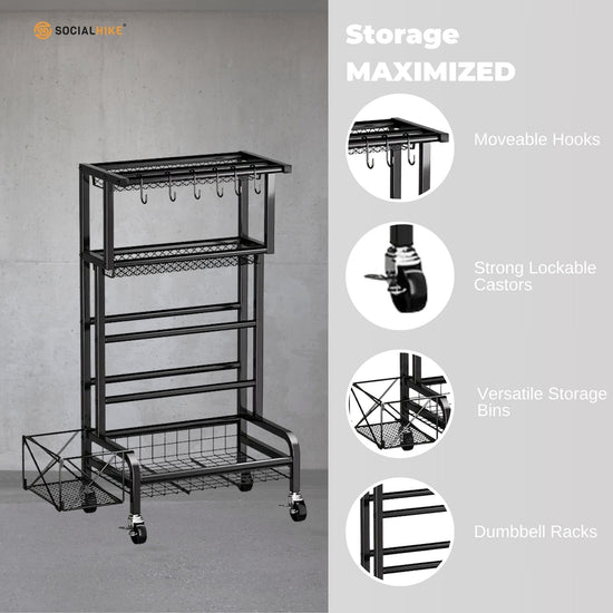 Social Hike Gym Equipment Storage Rack on Wheels - Dumbbells Weights Organiser