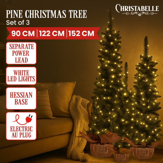 Christabelle Set of 3 Pre-Lit Christmas Trees Green Pine w/LED Lights, Hessian Base & Individual Plugs Varying Heights