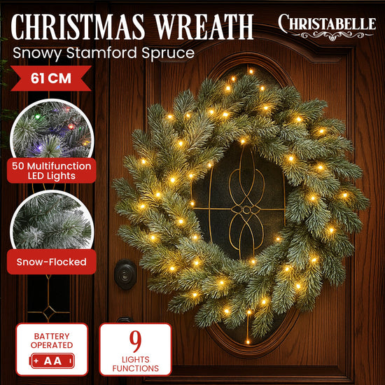 National Tree Company 61cm Pre Lit Snowy Stamford Spruce Battery Operated Christmas Wreath w/LED Lights & Timer