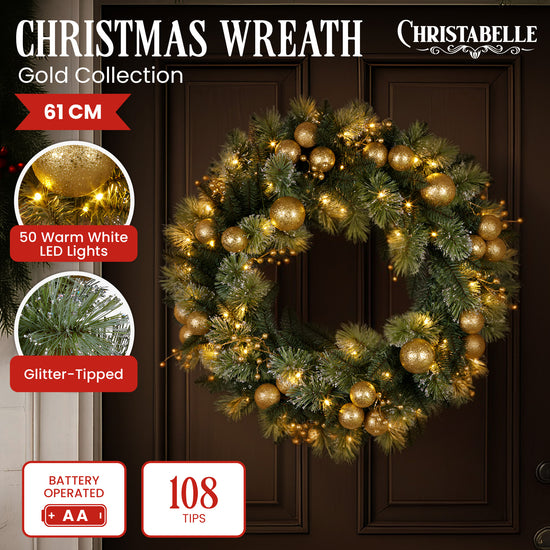 Christabelle 61cm Battery-operated Christmas Wreath Glittery Gold Pine