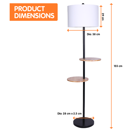 Sarantino Metal Floor Lamp Shade with Black Post in Round Wood Shelves