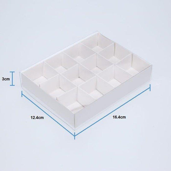 100 Pack of White Card Chocolate Sweet Soap Product Reatail Gift Box - 12 bay 4x4x3cm Compartments - Clear Slide On Lid - 16x12x3cm