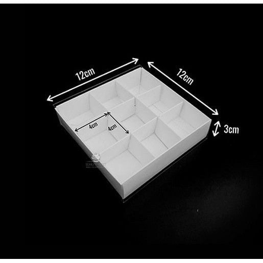 100 Pack of White Card Chocolate Sweet Soap Product Reatail Gift Box - 9 bay 4x4x3cm Compartments - Clear Slide On Lid - 12x12x3cm