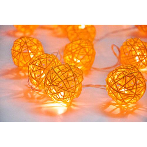 1 Set of Orange 5cm Rattan Cane 50 Ball Battery Powered LONG 5m String Lights Christmas Gift Home Wedding Party Bedroom Decoration Table Centrepiece