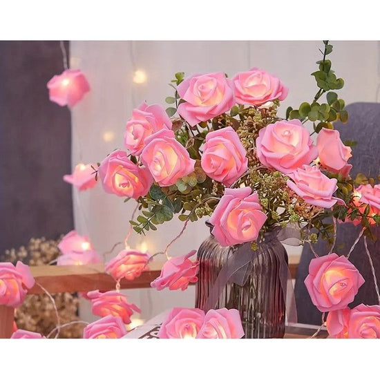 50 Pink Rose 3D Fairy Lights 5M LONG String, Battery (AA) Indoor & Outdoor Decorations Wedding Valentines Romantic Room Table Lighting