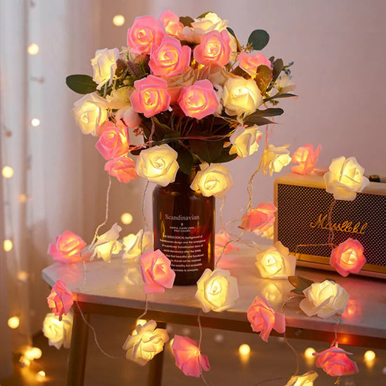 20 Pink n White Rose 3D Fairy Lights 3M String, Battery (AA) Indoor & Outdoor Decorations Wedding Valentines Romantic Room Table Lighting
