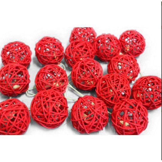 1 Set of Red 5cm Rattan Cane 50 Ball Battery Powered LONG 5m String Lights Christmas Gift Home Wedding Party Bedroom Decoration Table Centrepiece