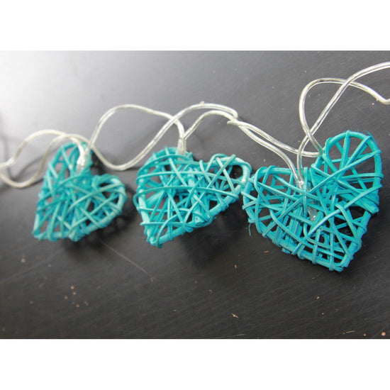 50 Turquoise Blue 3D Hollowed Rattan Heart-Shaped 5M LONG String Fairy Lights, Battery (AA) Indoor & Outdoor Decorations Birthday Kids Celebration PartyRoom Table Lighting