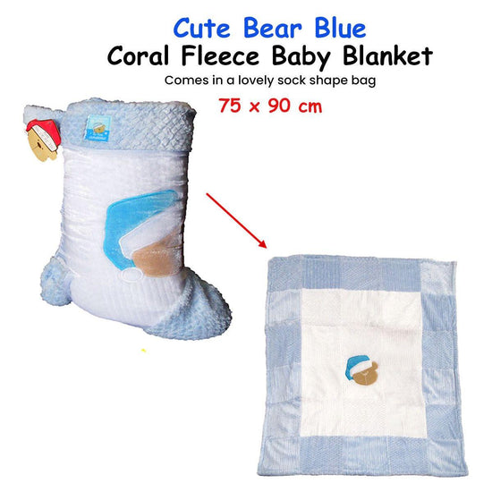 Cute Bear Blue Coral Fleece Baby Blanket 75 x 90 cm