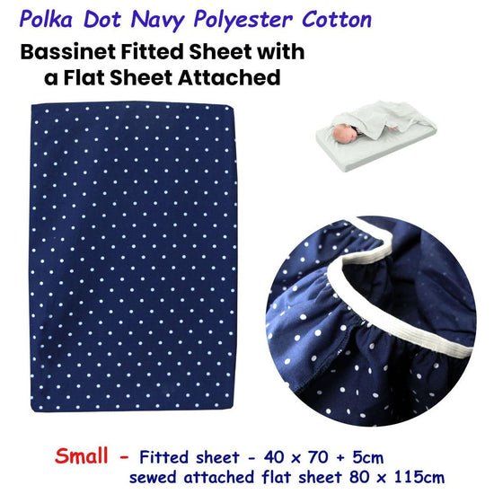Polka Dot Navy Polyester Cotton Bassinet Fitted Sheet with a Flat Sheet Sewed Attached