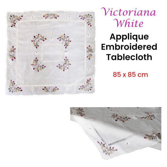 Victoriana White Applique Embroidered Table Topper 85 x 85 cm