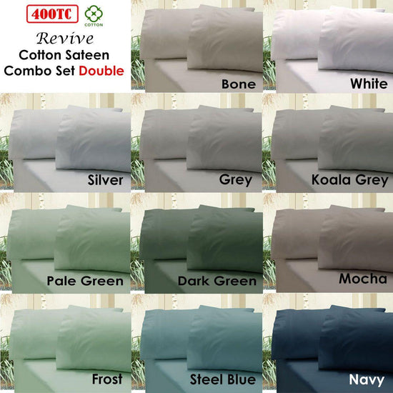 Revive 400TC Cotton Sateen Combo Sheet Set Double Steel Blue