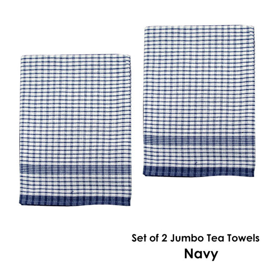 Hotel Living Set of 2 Jumbo Cotton Check Tea Towels 60x90cm Navy