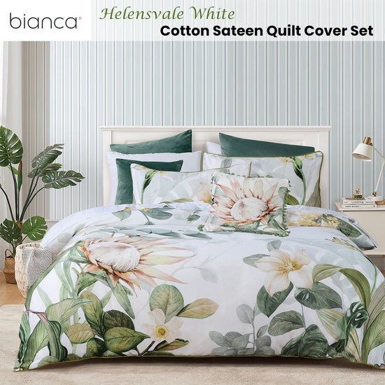 Bianca Helensvale White Floral Cotton Sateen Quilt Cover Set Double