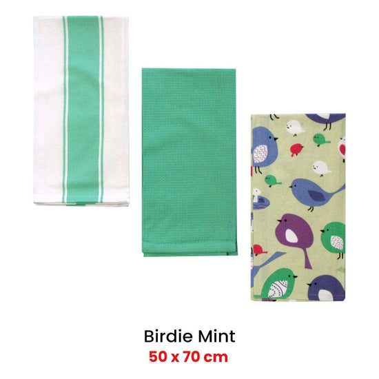 Home Oasis Set of 3 Printed Cotton Rich Tea Towels 50 x 70 cm Birdie Mint