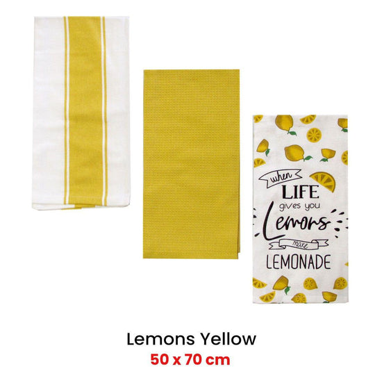 Home Oasis Set of 3 Printed Cotton Rich Tea Towels 50 x 70 cm Lemons Yellow