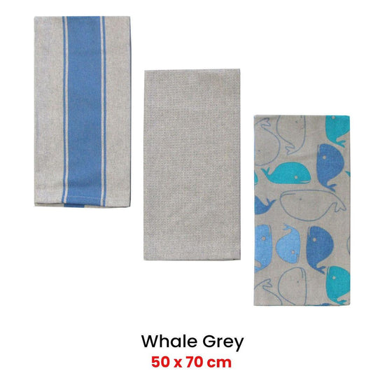 Home Oasis Set of 3 Printed Cotton Rich Tea Towels 50 x 70 cm Whale Grey