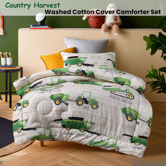 Happy Kids Country Harvest 2 Piece Washed Cotton Cover Comforter Set Single 160cm x 220cm