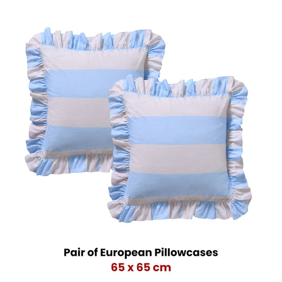 Vintage Design Homewares Pair of Candy Ruffle Blue European Pillowcases 65 x 65cm