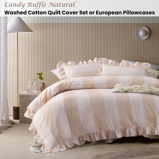 Vintage Design Homewares Candy Ruffle Natural Striped Washed Cotton Quilt Cover SetKing