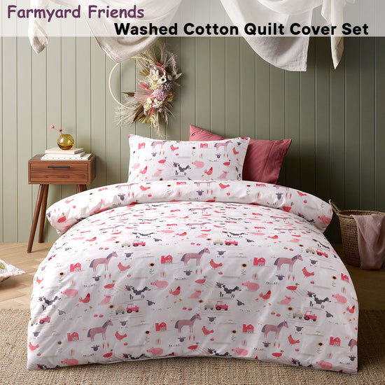 Happy Kids Farmyard Friends Washed Quilt Cover Set Single