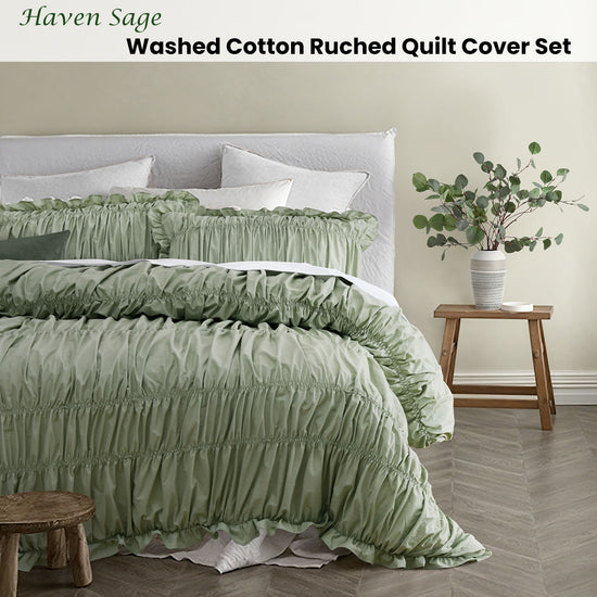 Vintage Design Homewares Haven Sage Washed Cotton Ruched Quilt Cover Set Double