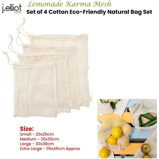 J Elliot Home Lemonade Karma Set of 4 Cotton Eco-Friendly Natural Mesh Storage Bag Set