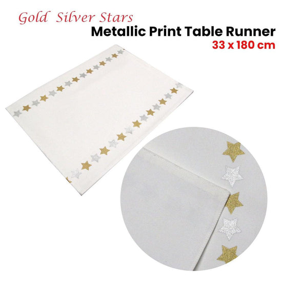 Silver Gold Stars Cotton Metallic Print Table Runner 33 x 180 cm