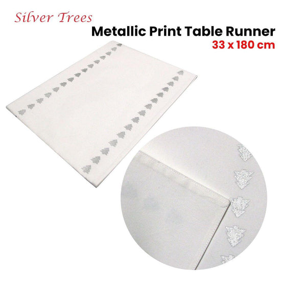 Silver Trees Cotton Metallic Print Table Runner 33 x 180 cm