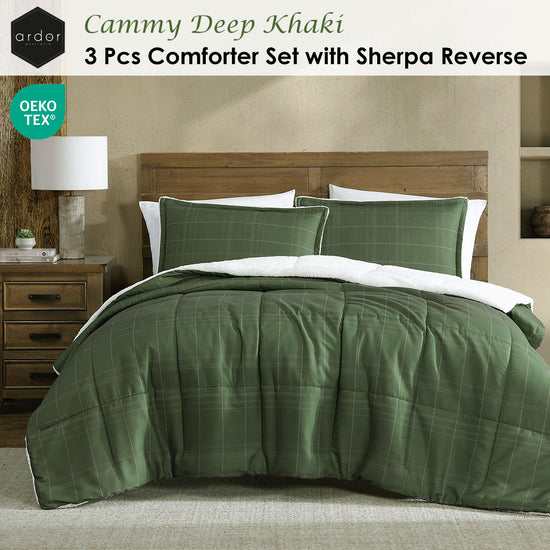 Ardor 3 Pcs Cammy Deep Khaki Comforter Set with Sherpa Reverse Queen/King