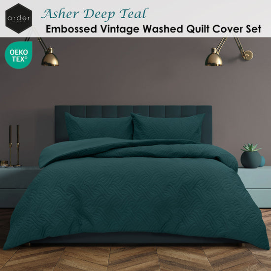 Ardor Asher Deep Teal Embossed Vintage Washed Quilt Cover Set King