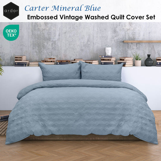 Ardor Carter Mineral Blue Embossed Vintage Washed Geometric Quilt Cover Set King