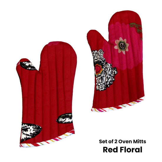 Set of 2 100% Cotton Printed Oven Mitts 34 x 15 cm Red Floral