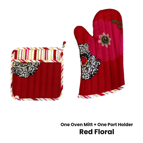 Set of 100% Cotton Printed Oven Mitt + Pot Holder Red Floral