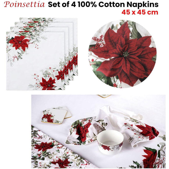 Ashdene Set of 4 Poinsettia 100% Cotton Napkins 45 x 45 cm